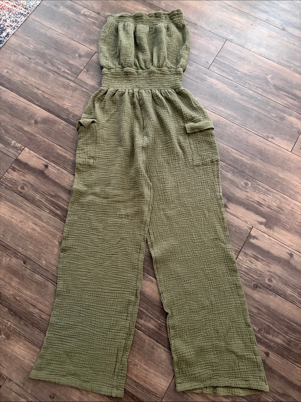 Strapless Olive Green Wide-Leg Jumpsuit with Smocked Waist